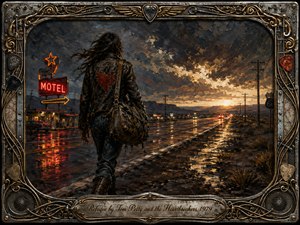 A lone traveler in a worn leather jacket walks beside a rain-slick Route 66 highway beneath a turbulent sunset, passing a glowing red motel sign. Dark blues, rust, amber, and gold create a defiant, restless mood. Thick painterly textures, reflective pavement, distant headlights, and an ornate metallic music-themed frame heighten the drama.