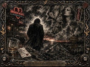 A lone figure walks from a neon roadhouse along a rain-darkened highway beneath turbulent charcoal clouds and ghostly memories. Smoky portraits, broken hearts, whiskey, road signs, and snapped guitar strings heighten the regretful mood. Ember reds, bronze, black, and gray glow within an ornate metallic rock-inspired frame.