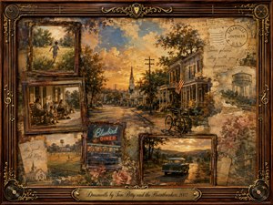 A nostalgic Americana collage centers on a quiet small-town street glowing beneath a golden sunset. Vintage rosewood frames hold faded memories of childhood, porch gatherings, a neon diner, and an old car on a country road. Warm amber, blue, and sepia tones, weathered textures, roses, musical ornaments, and soft painterly light create tender remembrance.