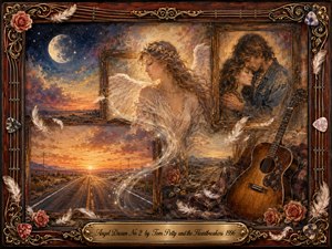 A dreamlike romantic collage blends an angelic woman, embracing lovers, a sunset highway, moonlit skies, and a weathered acoustic guitar. Warm amber, rose, cream, and twilight blue tones glow through painterly oil and watercolor textures. Floating feathers, roses, golden light trails, and an ornate musical frame create tender nostalgia and fading memories.