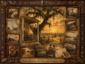 A nostalgic Southern landscape unfolds around a weathered porch, sprawling moss-draped oak, distant church, and glowing sunset fields. Vintage photographs, handwritten letters, a radio, harmonica, and jukebox form a tender memory collage. Warm sepia, amber, and muted blue tones blend painterly realism with aged textures, framed by ornate musical details.