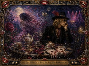 A surreal oil-painted moonlit garden frames a brooding rock figure at an ornate tea table as a ghostly woman dissolves into petals and mist. Deep blues, purples, crimson roses, antique gold, and smoky highlights create a dreamlike, melancholic mood. Floating teacups, melting cards, checkerboard paths, and musical frame details heighten the theatrical atmosphere.