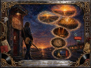 A lone guitarist stands beside a weathered roadside building at dusk, surrounded by glowing memories spiraling upward in an S-shaped timeline. Deep blue skies, fiery orange horizons, neon motel lights, clocks, stages, and highways create a restless, nostalgic mood, framed by richly detailed guitars, records, tickets, chrome, and ornate gold accents.