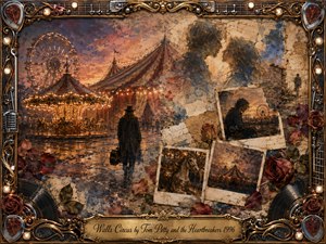 A solitary figure approaches a glowing twilight circus, surrounded by fading Polaroid memories, roses, and ghostlike romantic faces. Warm gold, crimson, cream, and muted blue tones create a wistful, cinematic mood. Mixed oil, acrylic, and watercolor textures blend carnival lights, weathered paper, and ornate musical framing into nostalgic dreamlike imagery.