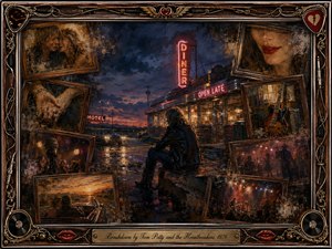 A solitary figure sits outside a glowing roadside diner at dusk, surrounded by tilted rosewood-framed memories of romance, music, and restless nights. Deep blues, amber neon, and weathered gold create a bittersweet mood. Painterly textures, rain-slick pavement, guitars, microphones, records, and red lips evoke heartbreak, nostalgia, and quiet emotional collapse.