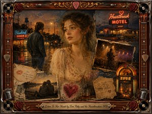 A wistful young woman anchors a fading-memory collage of neon diners, a lonely roadside man, a glowing motel, concert imagery, and a vintage jukebox. Warm amber, dusty red, teal, and sepia tones blend through painterly oil, acrylic, and watercolor textures, framed by ornate rosewood, gold, chrome, roses, records, and guitar details.