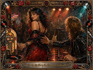 A flirtatious rock-and-roll club scene captures a woman in vivid red turning away from an eager leather-clad man amid guitars, microphones, a glowing jukebox, and smoky stage lights. Rich reds, golds, blacks, and amber highlights create seductive tension, rendered in expressive oil-paint textures within an ornate music-themed frame.