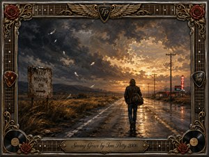 A lone traveler walks along a rain-slicked highway beneath dramatic storm clouds breaking into golden sunset light. Painted in a richly textured oil style, the scene blends smoky blues, earthy browns, and glowing amber. Telephone poles, drifting feathers, roadside neon, and windblown grass enhance the reflective mood, framed by ornate musical details.