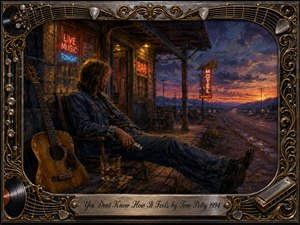 A lone musician rests on a weathered porch beside an acoustic guitar and whiskey glass, gazing toward a glowing roadside motel at sunset. Deep blues, rust, amber, and violet create a reflective, road-worn mood. Rich oil-paint textures, neon signs, sweeping highway lines, and ornate musical framing suggest solitude, freedom, and weary independence.