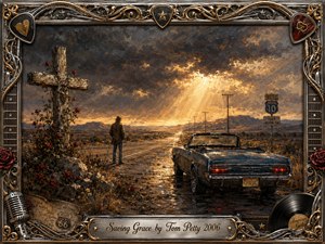 A lone traveler stands beside a vintage convertible on a weathered desert highway beneath dramatic storm clouds, where golden sunlight breaks through toward the horizon. Deep browns, smoky blues, crimson roses, and warm amber highlights create a rugged, hopeful mood. Rich oil-painted textures and an ornate musical frame reinforce themes of endurance, redemption, and freedom.