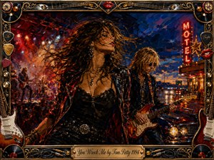 A wild-haired woman and leather-clad guitarist dominate a rain-slicked nighttime rock scene outside a glowing roadside motel. Fiery reds, electric blues, chrome, and gold create a reckless, seductive mood. Thick expressive brushwork, dramatic stage lighting, guitars, records, cables, and ornate musical details surround the cinematic composition.