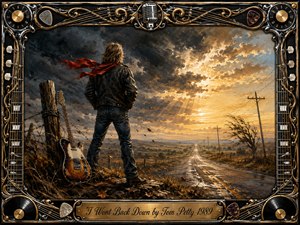 A lone, leather-jacketed figure stands beside a weathered guitar, facing a long rural highway beneath turbulent storm clouds and breaking golden sunlight. Windswept leaves and a red scarf heighten the defiant mood. Rich oil-painted textures, earthy blues, grays, and amber tones are enclosed by an ornate chrome-and-gold rock-themed frame.