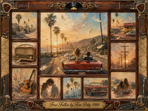 A nostalgic collage surrounds a red convertible cruising a palm-lined coastal highway at golden sunset, evoking freedom, youth, romance, and bittersweet memory. Warm gold, coral, faded blue, and rosewood tones blend through painterly oil, acrylic, and watercolor textures, while guitars, radios, feathers, vintage scenes, and ornate musical framing enrich the composition.