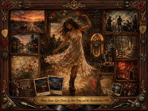 A nostalgic Americana collage centers on a young woman dancing in a flowing floral dress and cowboy boots inside a dim roadside bar. Warm amber, rust, red, and sepia tones glow beneath moody evening light, surrounded by highways, jukeboxes, roses, Polaroids, band scenes, and weathered frames in richly textured painterly detail.