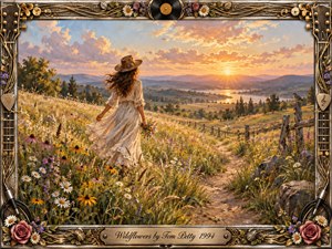 A solitary woman in a flowing white dress wanders through a sunlit hillside of wildflowers toward a glowing valley at sunset. Warm gold, violet, and green tones create a peaceful, hopeful mood. Painterly textures soften the landscape, while the ornate music-themed frame, roses, guitar strings, and engraved title plate add nostalgic detail.