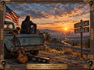 A weathered pickup overlooks a glowing city at sunset as a solitary traveler and dog face the horizon beside a battered guitar. Warm amber light, stormy blue clouds, dusty earth, and a forked Plan A/Plan B sign create a reflective, defiant mood. Rustic Americana realism and a handcrafted musical frame complete the scene.