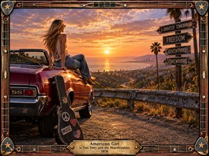 A young woman sits on a vintage maroon convertible overlooking a glowing coastal city at sunset, her hair caught in the breeze beside a weathered guitar case. Warm gold, orange, and burgundy tones create a hopeful, restless mood, framed by guitar-inspired metalwork, directional signs, palm trees, and nostalgic Americana detail.