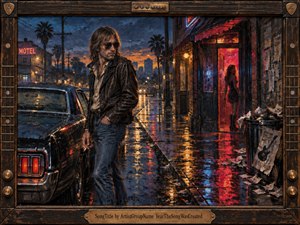 A leather-jacketed man stands beside a dark vintage car on a rain-soaked city street at dusk, glancing toward a woman framed by red neon light. Reflections of amber, crimson, and blue shimmer across the pavement, creating a tense, bittersweet mood in a richly textured, hand-painted rock-noir style.