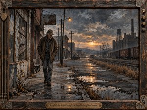 A weathered man walks alone through a decaying industrial town at sunset, framed by abandoned storefronts, rail lines, factories, and puddled streets. Muted browns, grays, and rust tones contrast with warm amber light. Painterly textures, worn wood, metal hardware, and deep perspective create a somber, reflective atmosphere of isolation and endurance.
