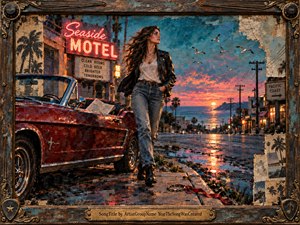 A confident young woman stands beside a weathered red convertible on a rain-slicked coastal street at sunset. Neon motel signs, palms, seabirds, and glowing storefronts frame her restless independence. Rich blues, coral-orange light, distressed textures, and painterly detail create a nostalgic rock-and-roll atmosphere of freedom, departure, and possibility.