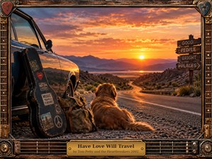 A weathered car, travel-worn guitar case, canvas bags, and a faithful dog overlook a winding highway glowing beneath a dramatic orange sunset. Rustic mountains and distant water create depth and longing, while warm golden light, rugged textures, vintage Americana styling, and a guitar-inspired frame evoke freedom, companionship, and restless optimism.