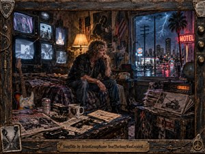 A weary rocker sits in a cluttered motel room, surrounded by televisions, newspapers, tapes, and a guitar as stormy neon streets glow outside. Warm amber lamplight contrasts with electric blues and reds, creating a tense, restless mood. The richly textured, gritty realism suggests media overload, isolation, rebellion, and late-night urban fatigue.