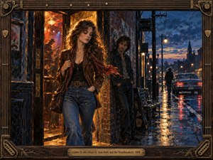 A confident young woman strides from a glowing music club into a rain-soaked city night while a watchful man lingers behind. Warm amber light contrasts with deep blue streets, neon reflections, and stormy skies. Rich painterly textures, cinematic lighting, worn brick, guitar details, and an ornate vintage frame create a restless, independent mood.