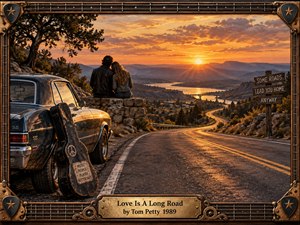 A weathered mountain highway curves toward a glowing sunset as a couple sits beside a vintage car and battered guitar case, contemplating the distant valley. Warm amber, copper, and blue tones create a nostalgic, restless mood. Rich painterly textures, dramatic light, roadside signs, and an ornate guitar-inspired frame deepen the journey theme.