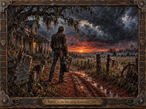 A lone leather-clad traveler stands on a muddy country road beside an old farmhouse, dog and guitar case nearby, facing a fiery sunset beneath turbulent storm clouds. Rich rust, charcoal, and amber tones create a defiant, reflective mood. Detailed painterly textures, weathered wood, fences, fields, and an ornate musical frame deepen the rugged Americana atmosphere.