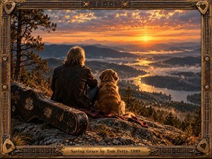 A solitary figure and golden retriever sit on a rocky mountain overlook beside a weathered guitar case, watching a glowing sunset spill across misty rivers and distant ridges. Warm amber light contrasts with cool blue shadows, creating a reflective, hopeful mood. A richly detailed guitar-inspired wood-and-metal frame completes the cinematic, handcrafted composition.