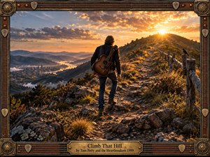 A lone guitarist climbs a rugged mountain trail toward a blazing golden sunrise, overlooking a misty valley, winding water, and distant town. Warm amber light contrasts with cool blue mountains, creating a determined, hopeful mood. A richly crafted wood, leather, brass, and guitar-string frame reinforces the weathered rock-and-roll character.