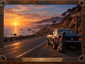 A weathered black muscle car and battered guitar case rest beside a winding coastal highway at sunset, overlooking a glowing ocean and misty cliffs. Warm amber light reflects across wet pavement, while deep blues and rust tones create nostalgic tension. A handcrafted wood-and-metal guitar-string frame and engraved title plate complete the cinematic rock-inspired composition.