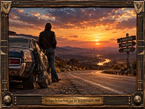 A lone traveler stands beside a weathered car and guitar case on a desert highway, facing a distant city beneath a blazing sunset. Warm oranges, deep blues, and rugged earth tones create a restless, hopeful mood. Cinematic realism, dramatic clouds, reflective water, and a distressed guitar-inspired frame reinforce themes of escape, resilience, and uncertain freedom.
