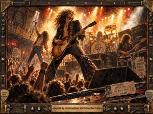 A blazing 1970s rock concert erupts beneath amber, red, and white spotlights, with a long-haired guitarist commanding center stage before a roaring crowd. Thick painterly textures, smoky haze, worn amplifiers, vintage signs, and raised hands create explosive energy. An ornate brass-and-wood frame reinforces the gritty, handcrafted poster aesthetic.