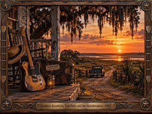 A weathered guitar rests on a Southern porch overlooking a winding dirt road, marshland, and distant river at sunset. Warm amber and copper light fills the nostalgic scene, framed by moss-draped oaks and rustic wood. A vintage truck, rocking chair, worn case, and ornate musical frame deepen the handcrafted Americana atmosphere.