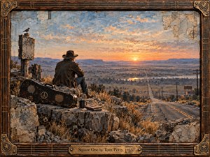 A solitary traveler sits on a rocky overlook beside a worn guitar case, gazing across a vast valley toward a glowing sunrise and distant road. Warm golds, dusty blues, rust, and umber create a reflective, hopeful mood. Rich painterly textures, weathered collage details, and a handcrafted musical frame deepen the sense of renewal.