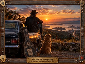 A lone traveler and faithful dog overlook a sprawling city and bay at sunset beside a vintage black car and weathered guitar case. Warm amber light floods distant mountains, winding roads, and reflective water, creating a nostalgic, hopeful mood. An ornate wood-and-metal guitar-string frame adds handcrafted rock-and-roll character.