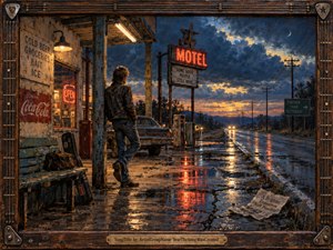 A solitary traveler waits beside a rain-soaked roadside motel at twilight, framed by glowing neon, vintage gas pumps, a parked car, and a distant highway. Deep blues, amber lights, and red reflections create a restless, hopeful mood. Textured painterly detail, weathered wood, guitar-inspired framing, and stormy clouds enrich the cinematic Americana scene.