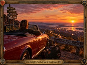 A red vintage convertible rests at a mountain overlook above a glowing coastal city, where a lone traveler watches the sunset beside a weathered guitar case. Warm orange and crimson light fills the scene, balancing freedom with reflection. Cinematic realism, winding roads, rustic signs, and a handcrafted guitar-inspired frame create a nostalgic, uplifting atmosphere.