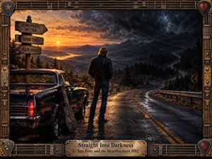 A lone traveler stands beside a weathered car and guitar case on a rain-slick mountain road, facing a landscape divided between glowing sunset and gathering darkness. Deep blues, blacks, and amber light create a tense, reflective mood. Painterly textures, winding roads, storm clouds, and a rugged musical frame reinforce uncertainty and resolve.