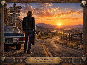 A lone traveler stands beside a weathered vintage car at a mountain crossroads, holding a guitar case and facing a glowing sunset beyond a winding road and distant town. Warm amber light, deep blue shadows, rustic signs, textured wood, and an ornate guitar-inspired frame create a reflective, hopeful Americana mood.
