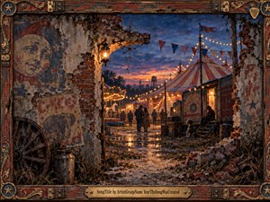 A weathered circus glows beyond a crumbling brick wall at dusk, where warm lanterns and string lights contrast with deep blue skies and muddy ground. Figures gather beneath a striped tent while faded posters, rusted wagons, and scattered debris create a nostalgic, melancholy mood in richly textured, painterly detail.