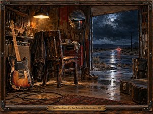A weathered garage opens onto a rain-soaked desert highway beneath a stormy moonlit sky, capturing tension, regret, and restless departure. Warm amber workshop light contrasts with deep blues outside, illuminating a battered guitar, amplifier, chair, boots, tools, and wet concrete. Painterly realism, reflective puddles, rugged textures, and distant taillights create cinematic melancholy.