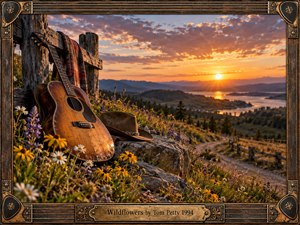 A weathered acoustic guitar rests among sunlit wildflowers beside a rustic fence, overlooking a winding road, river valley, and distant mountains at sunset. Warm gold, amber, violet, and earthy tones create a peaceful, nostalgic mood. Photorealistic detail, glowing natural light, worn textures, and an ornate handcrafted frame suggest freedom, memory, and quiet renewal.