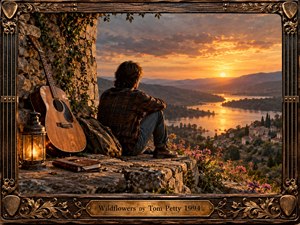 A solitary guitarist rests beside an ivy-covered stone wall, overlooking a glowing river valley at sunset. Warm amber light, distant mountains, wildflowers, and a quiet village create a reflective, wandering mood. Rich photographic realism, weathered wood, bronze ornament, a lantern, journal, and rugged guitar enhance the nostalgic atmosphere.