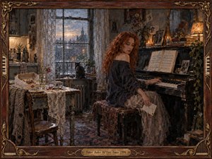 A red-haired woman sits quietly at an aged piano in a rain-dimmed apartment, surrounded by lace, faded photographs, flowers, books, and a waiting tea table. Warm amber lamplight contrasts with the cold blue window, creating a wistful, intimate mood. Painterly textures and ornate wood framing deepen the sense of memory and regret.