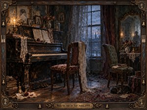 A shadowy Victorian music room centers on a battered upright piano, draped lace, wilted roses, and scattered letters beneath a cold twilight window. Warm candlelight meets blue dusk, creating a haunted, intimate mood. Rich oil-like textures, ornate framing, tiny bells, and a sleeping cat deepen the nostalgic, sorrowful atmosphere.