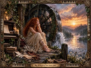 A red-haired woman sits beside a massive weathered waterwheel and antique piano overlooking a glowing river valley at sunset. Warm gold light, mist, ivy, candles, scattered pages, and aged wood create a reflective, restless mood. The richly detailed fantasy realism blends rustic decay, feminine strength, movement, and quiet longing.