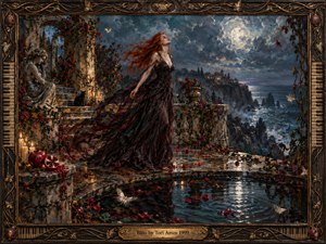 A red-haired woman in a flowing black gown stands on a moonlit coastal terrace surrounded by roses, candles, weathered stone, and reflective water. Deep blues, bronze, crimson, and silver create a dramatic nocturnal palette. Painterly textures, stormy clouds, distant cliffs, and an ornate musical frame evoke longing, tension, and fragile release.