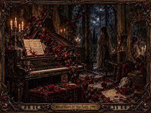A candlelit Victorian music room glows beneath storm-dark windows, where a grand piano is engulfed in deep red roses and scattered petals. A solitary woman stands near the balcony, reflected in a cracked mirror. Bronze, black, crimson, and amber tones create a haunted, sensual mood with richly detailed gothic realism.